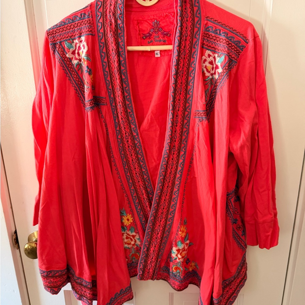 JOHNNY WAS Pinkish/Red Embroidered Kimono Cardigan